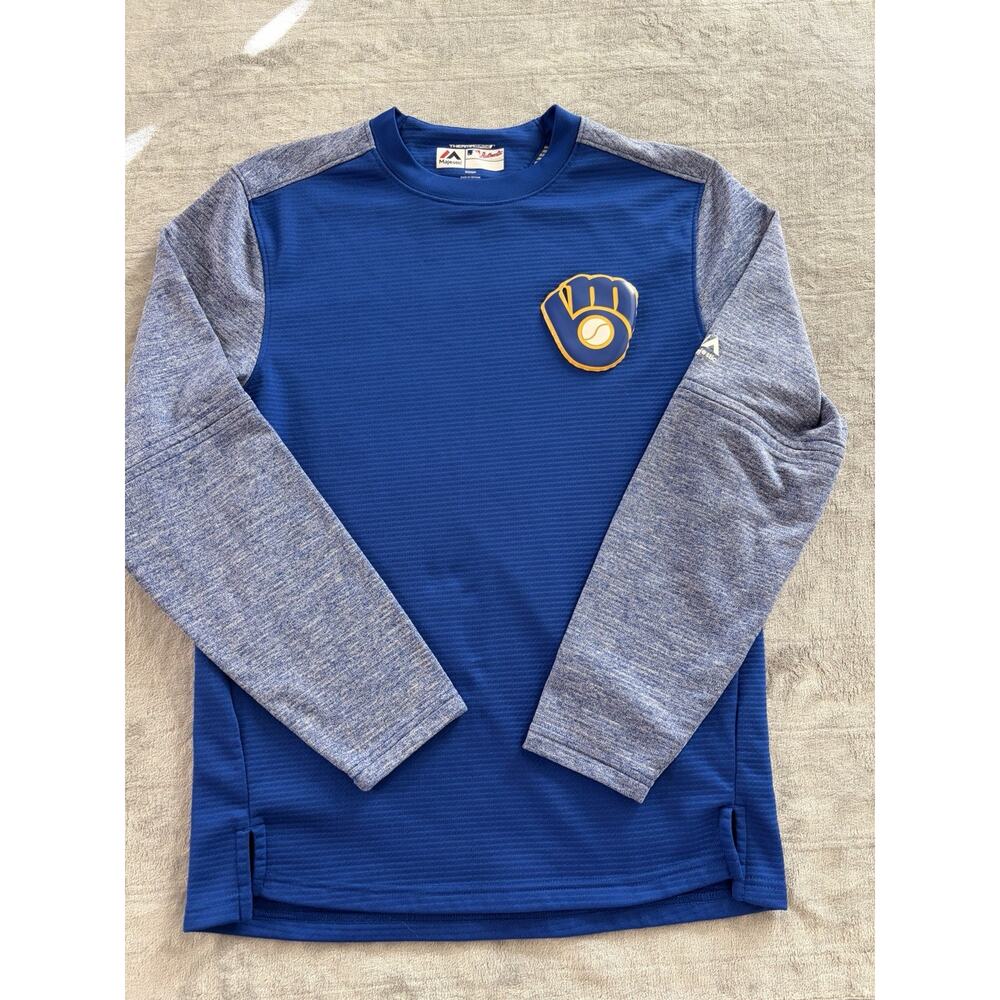 Milwaukee Brewers Majestic Therma Base Pullover Small MLB Authentic Blue Gray